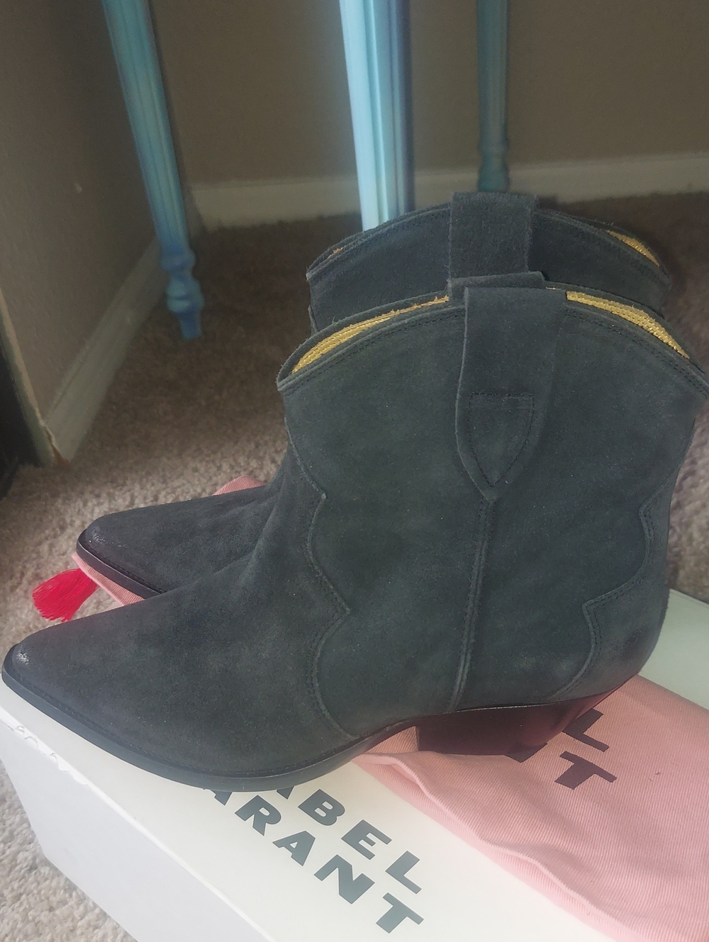 ISABEL MARANT Black Washed Suede Cowboy Booties With Box 38 $625